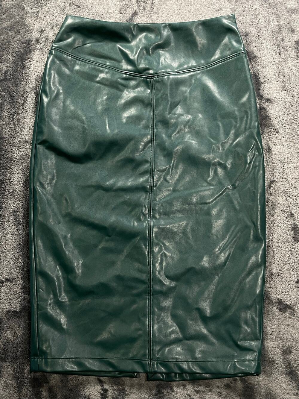 Forest Green Faux Leather Midi Skirt Center Back Slit XS NWT Express